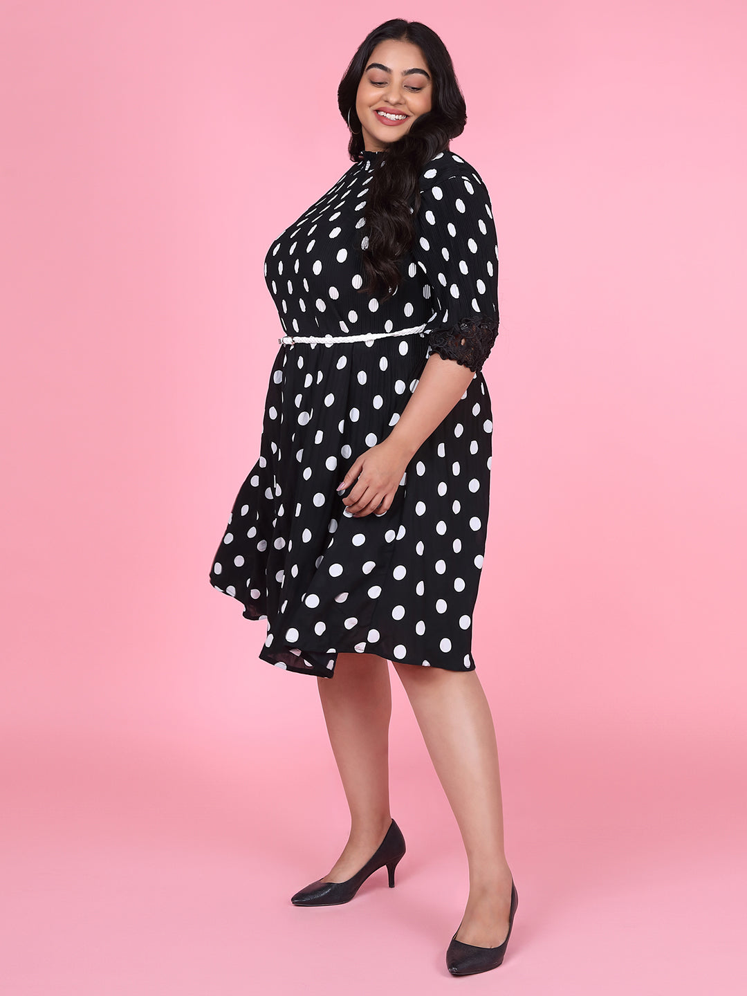 Women Polka Dots Black Fit and Flare Dress with Belt