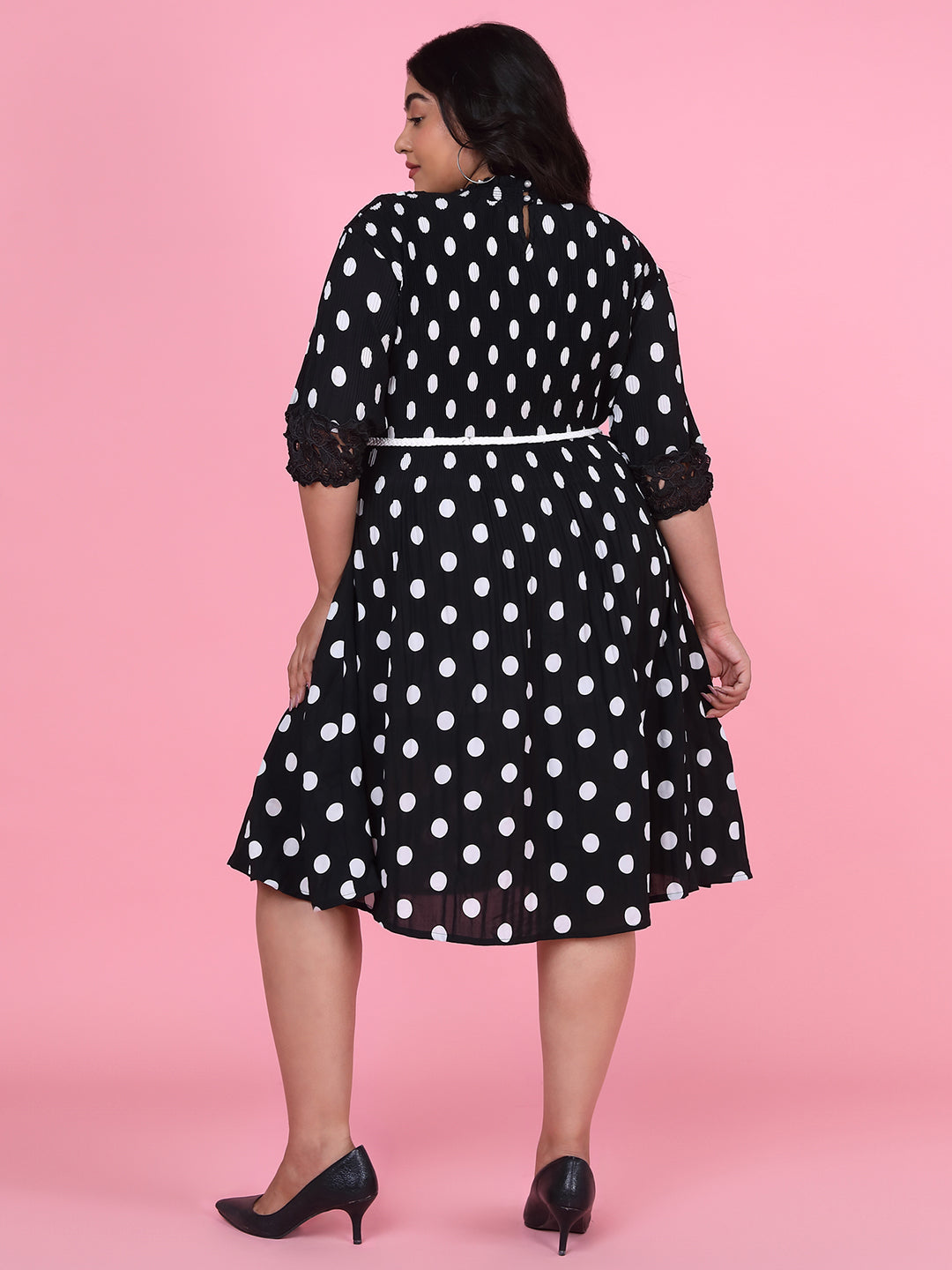 Women Polka Dots Black Fit and Flare Dress with Belt