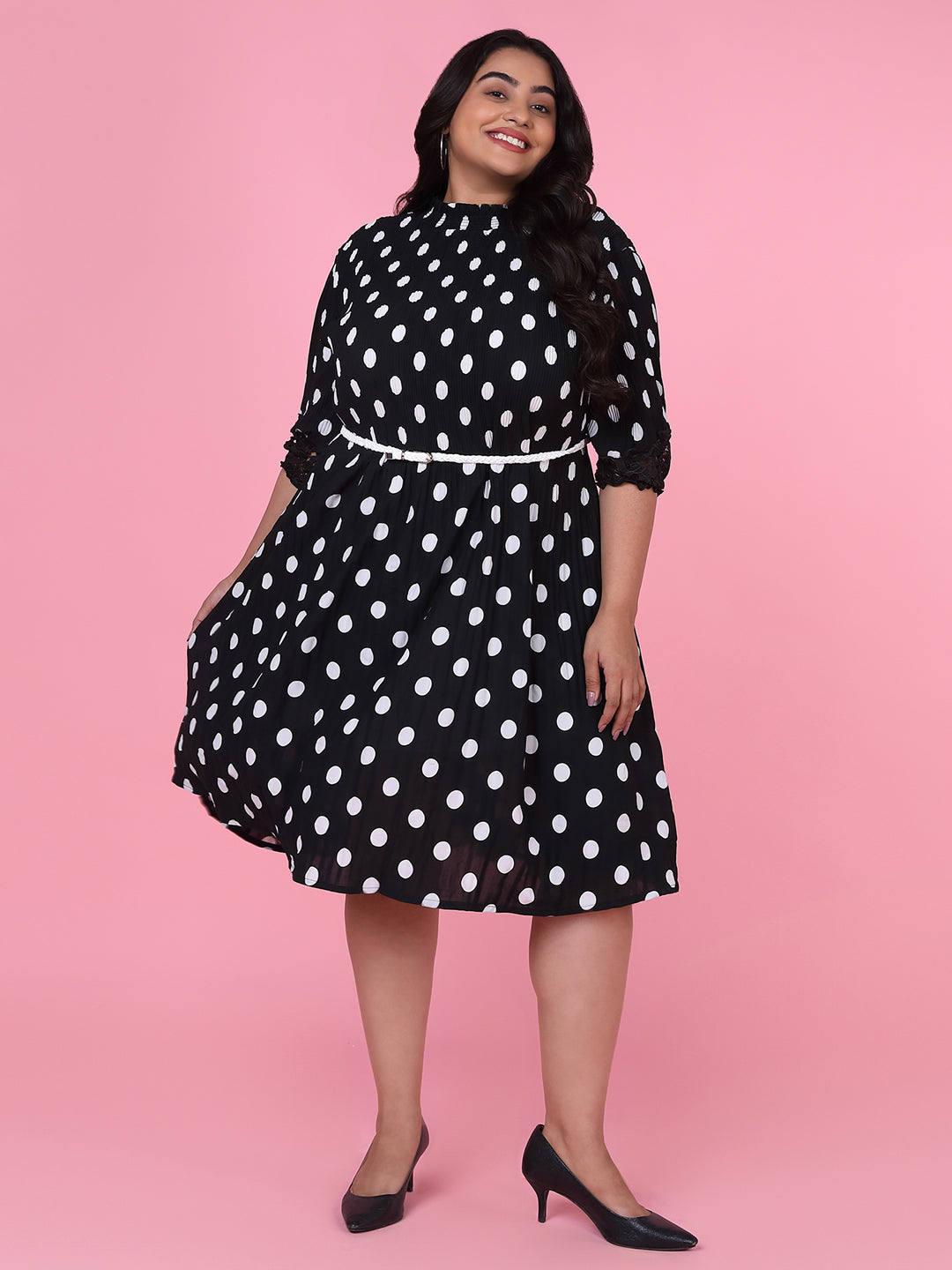 Women Polka Dots Black Fit and Flare Dress with Belt