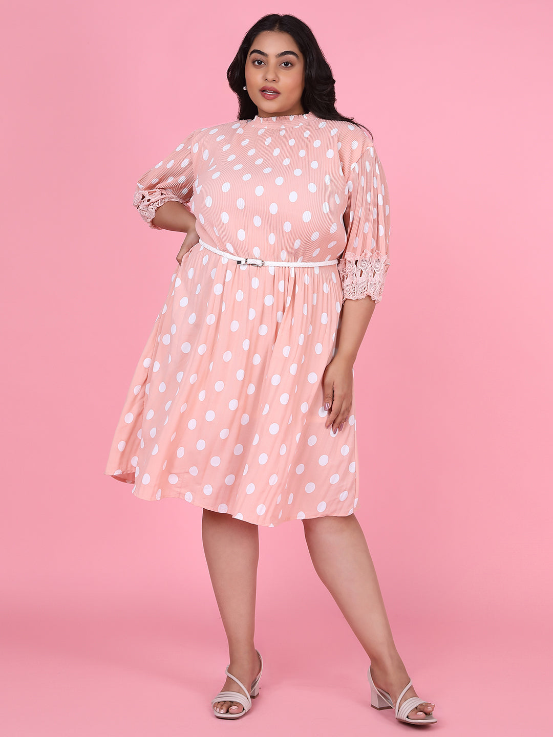 Women Polka Dots Peach Fit and Flare Dress with Belt