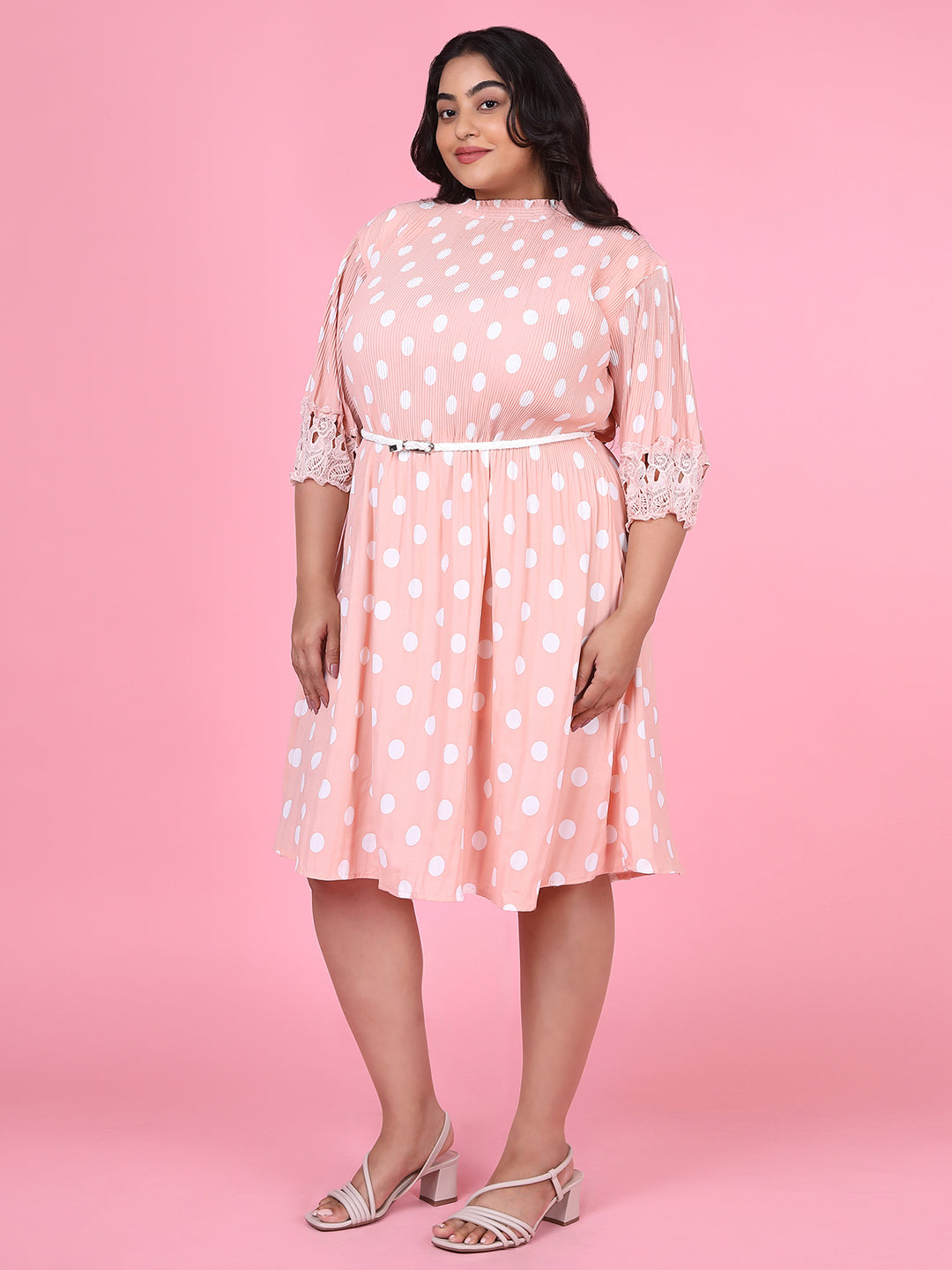 Women Polka Dots Peach Fit and Flare Dress with Belt