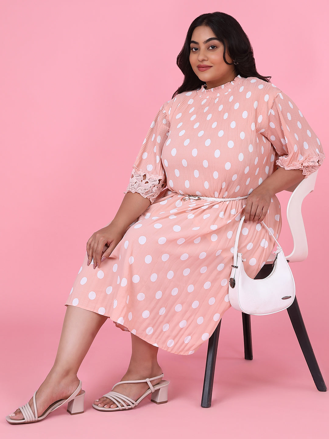 Women Polka Dots Peach Fit and Flare Dress with Belt