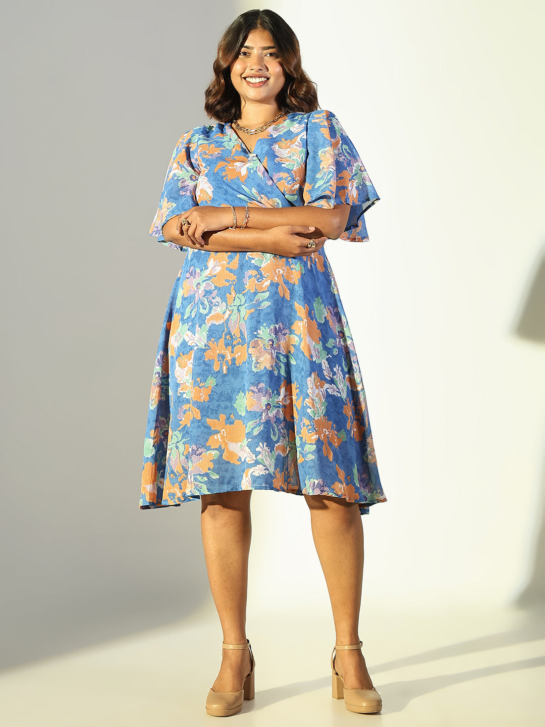 Women Blue Floral Fit and Flare Dress