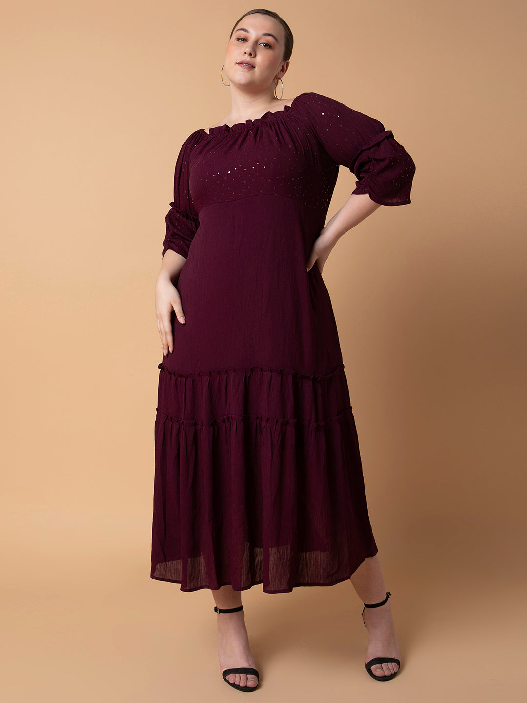 Women Solid Burgundy Fit and Flare Midi Dress