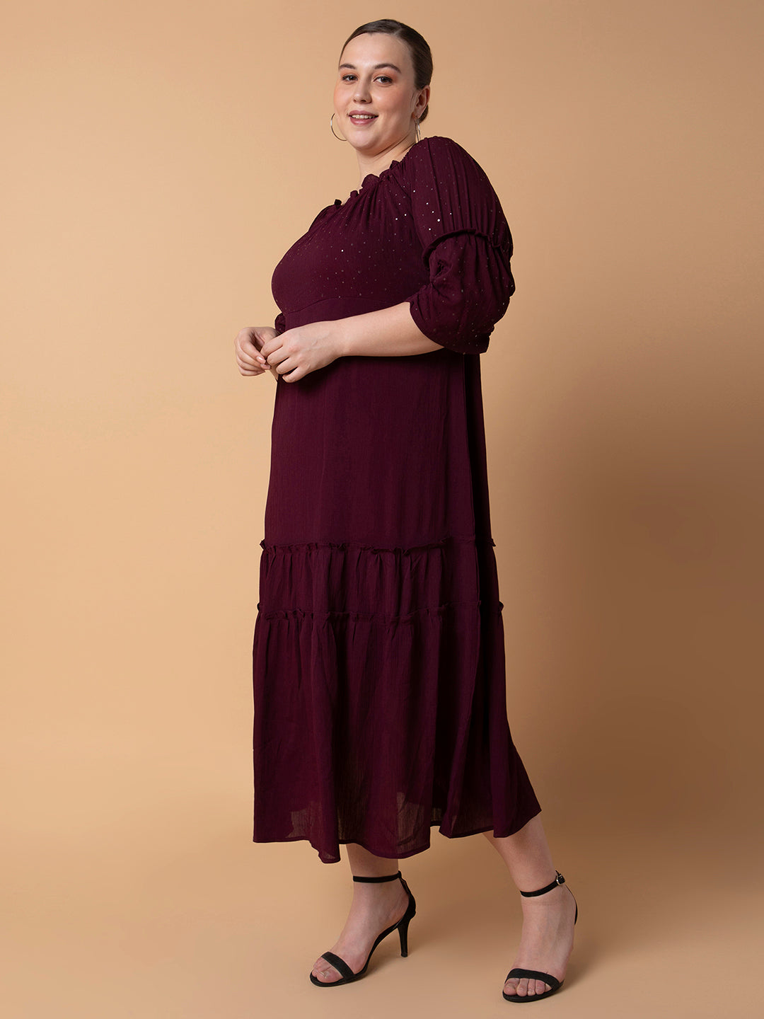 Women Solid Burgundy Fit and Flare Midi Dress