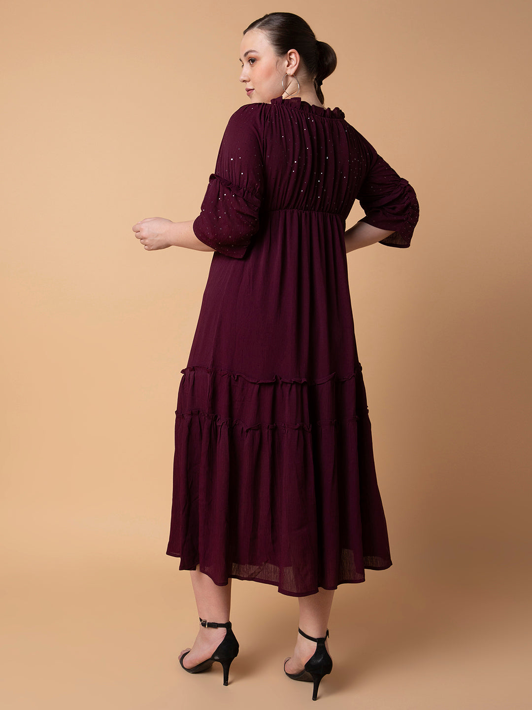 Women Solid Burgundy Fit and Flare Midi Dress