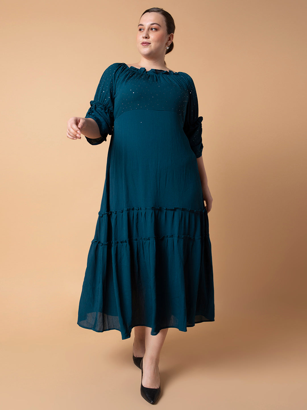 Women Solid Teal Fit and Flare Midi Dress