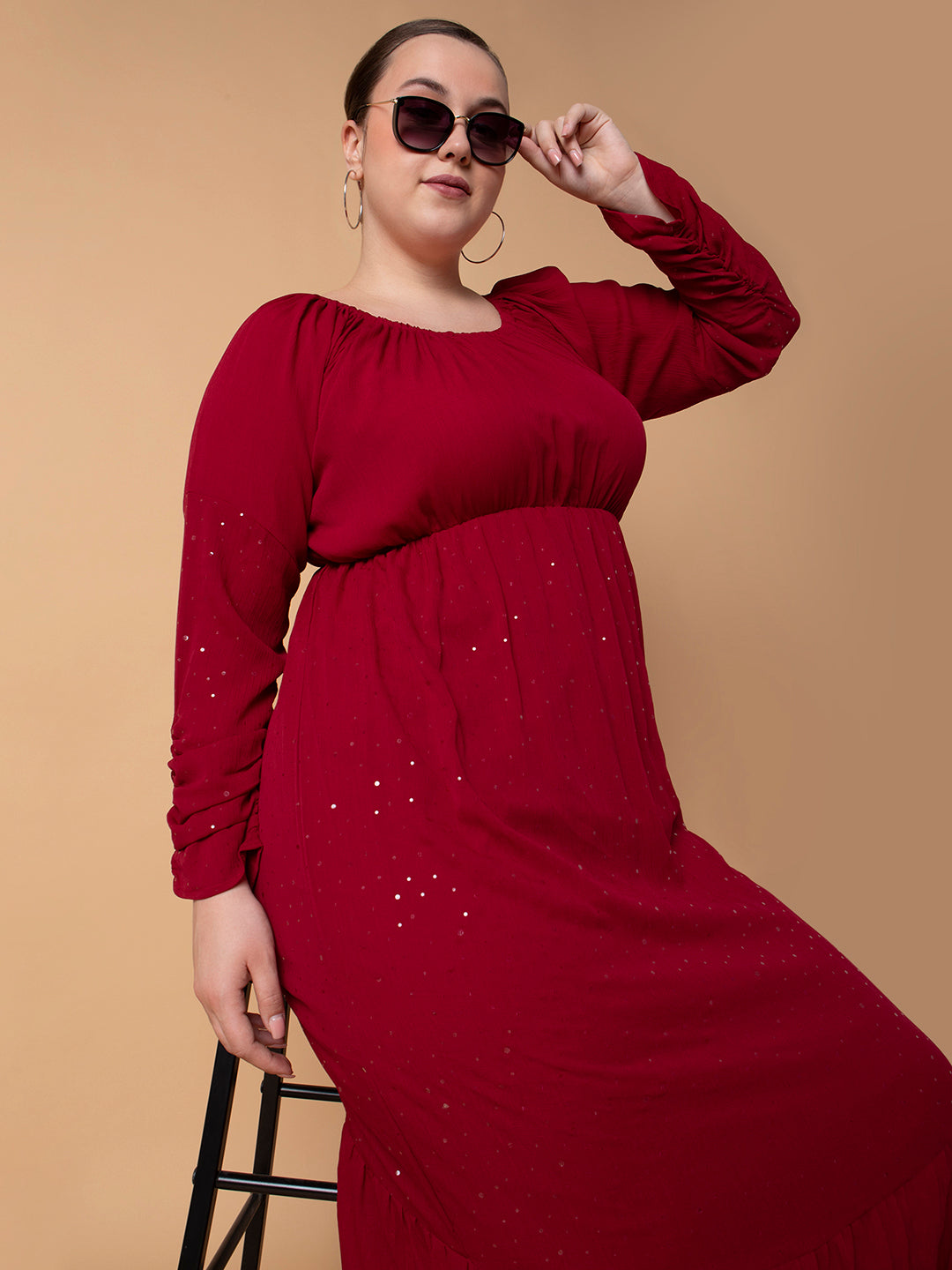 Women Solid Maroon Fit and Flare Midi Dress