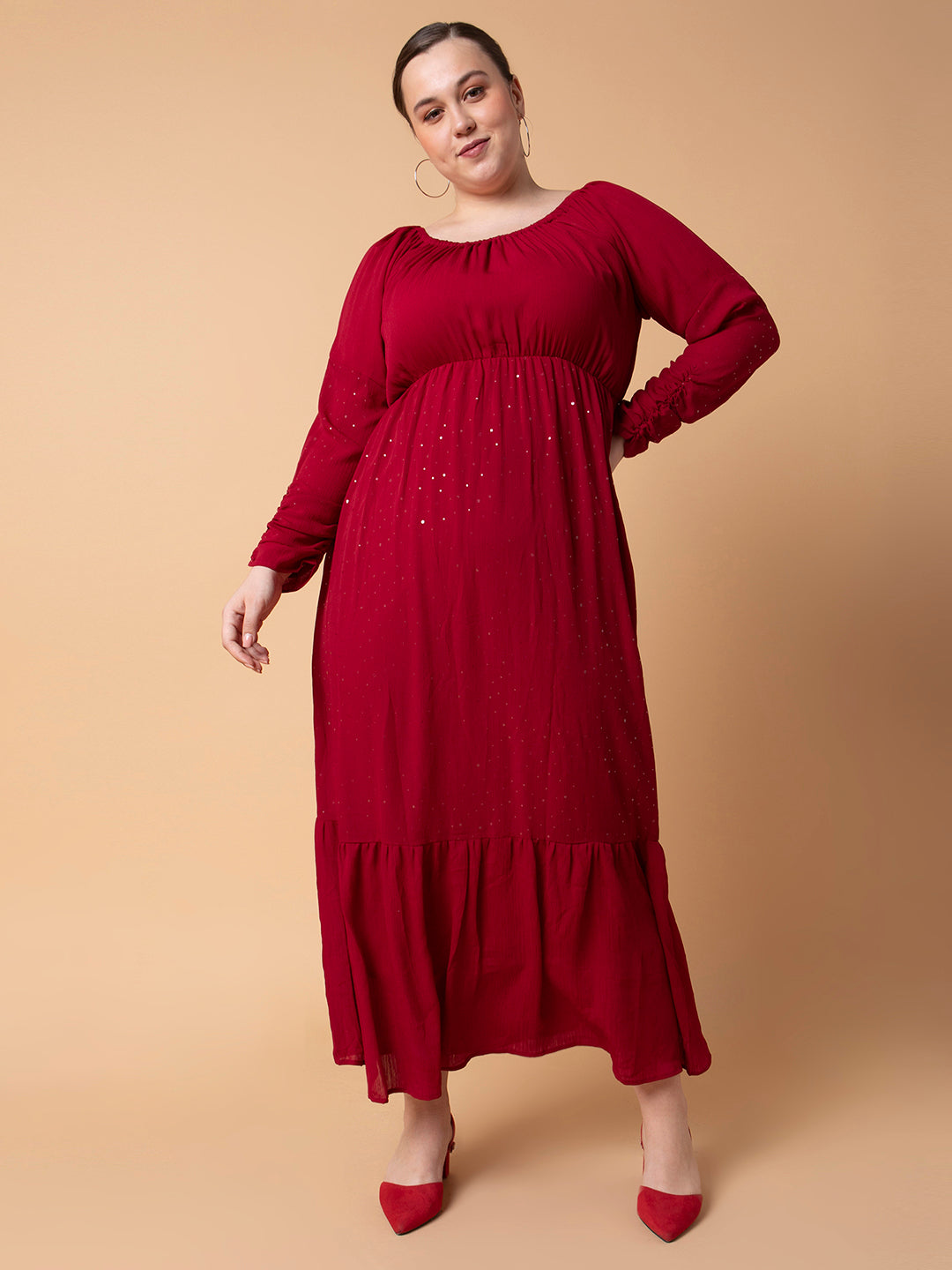 Women Solid Maroon Fit and Flare Midi Dress