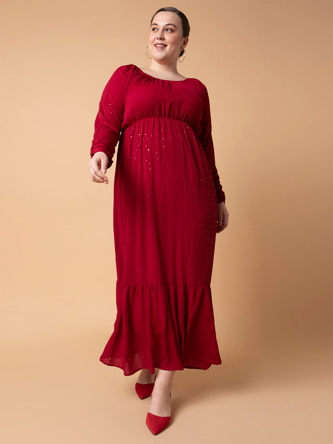 Women Solid Maroon Fit and Flare Midi Dress