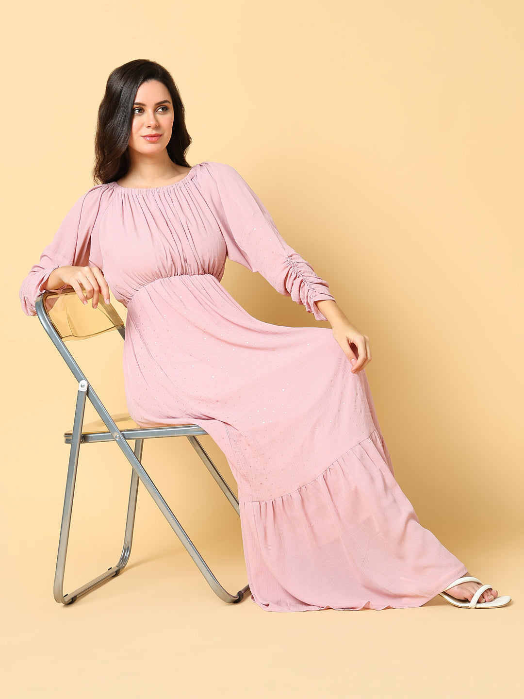 Women Solid Pink Fit and Flare Dress