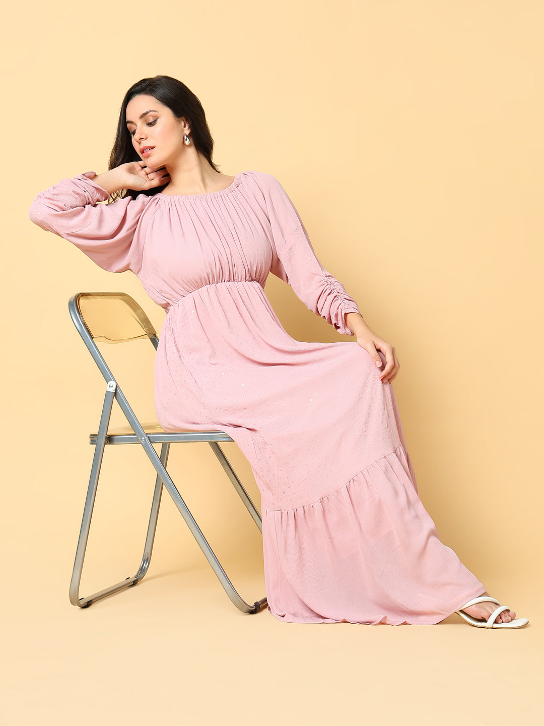 Women Solid Pink Fit and Flare Dress