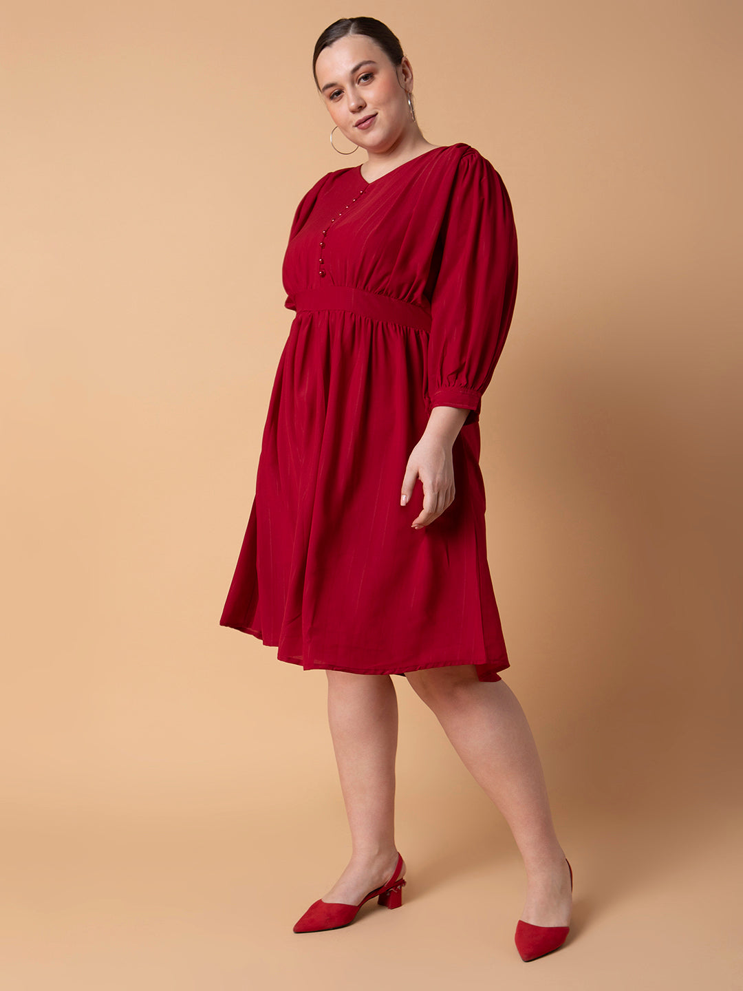 Women Solid Maroon Fit and Flare Midi Dress