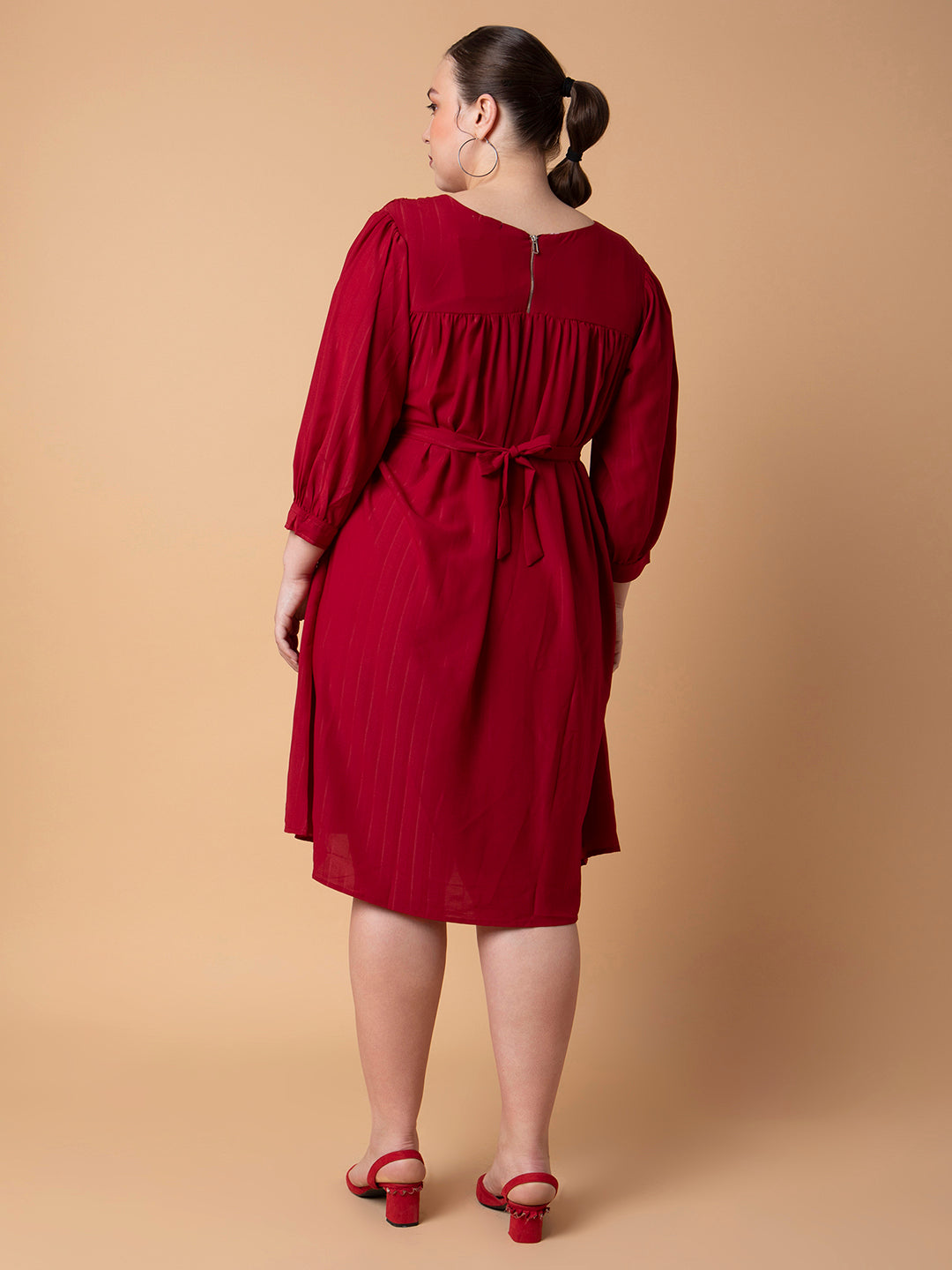 Women Solid Maroon Fit and Flare Midi Dress