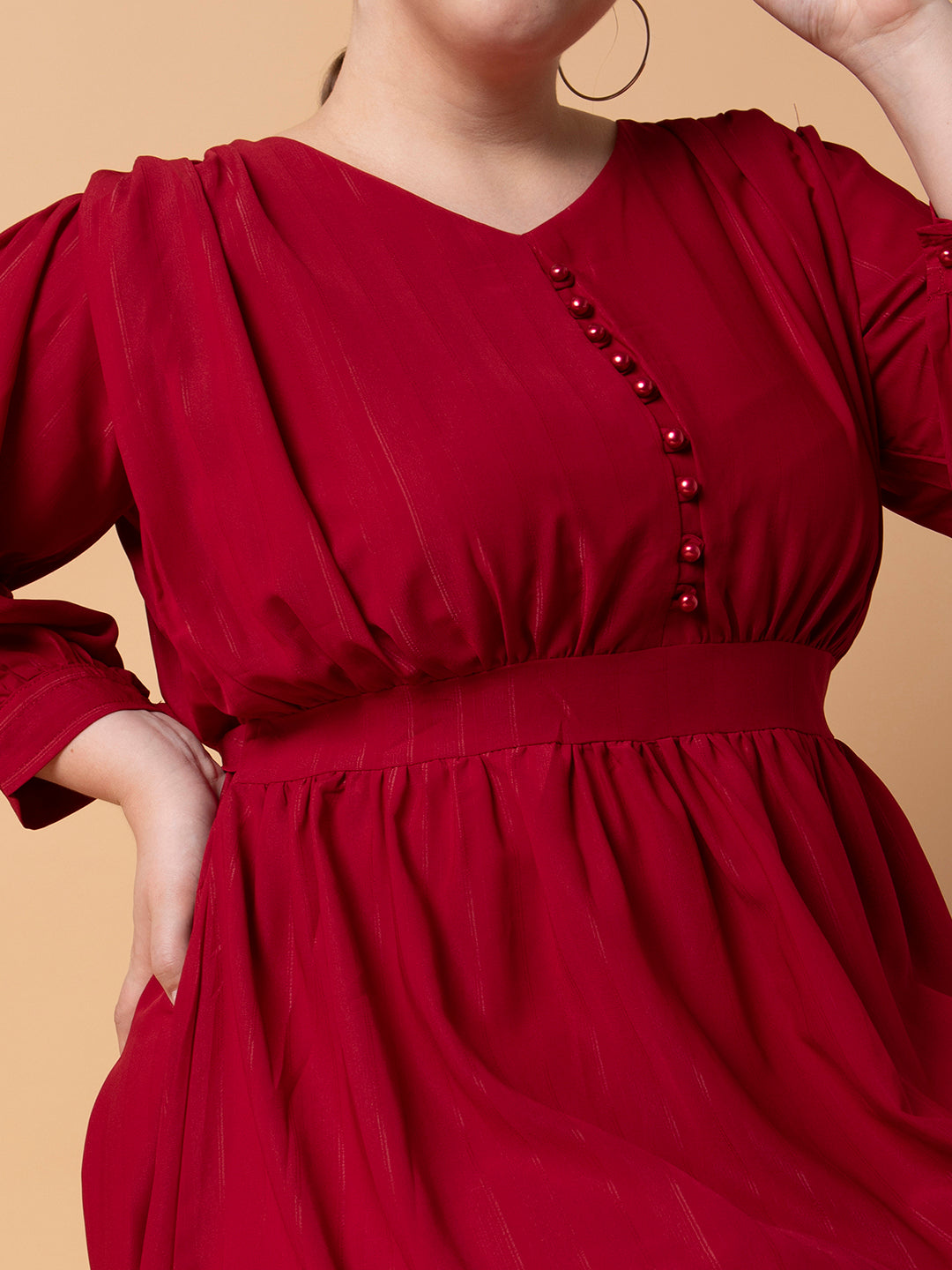 Women Solid Maroon Fit and Flare Midi Dress