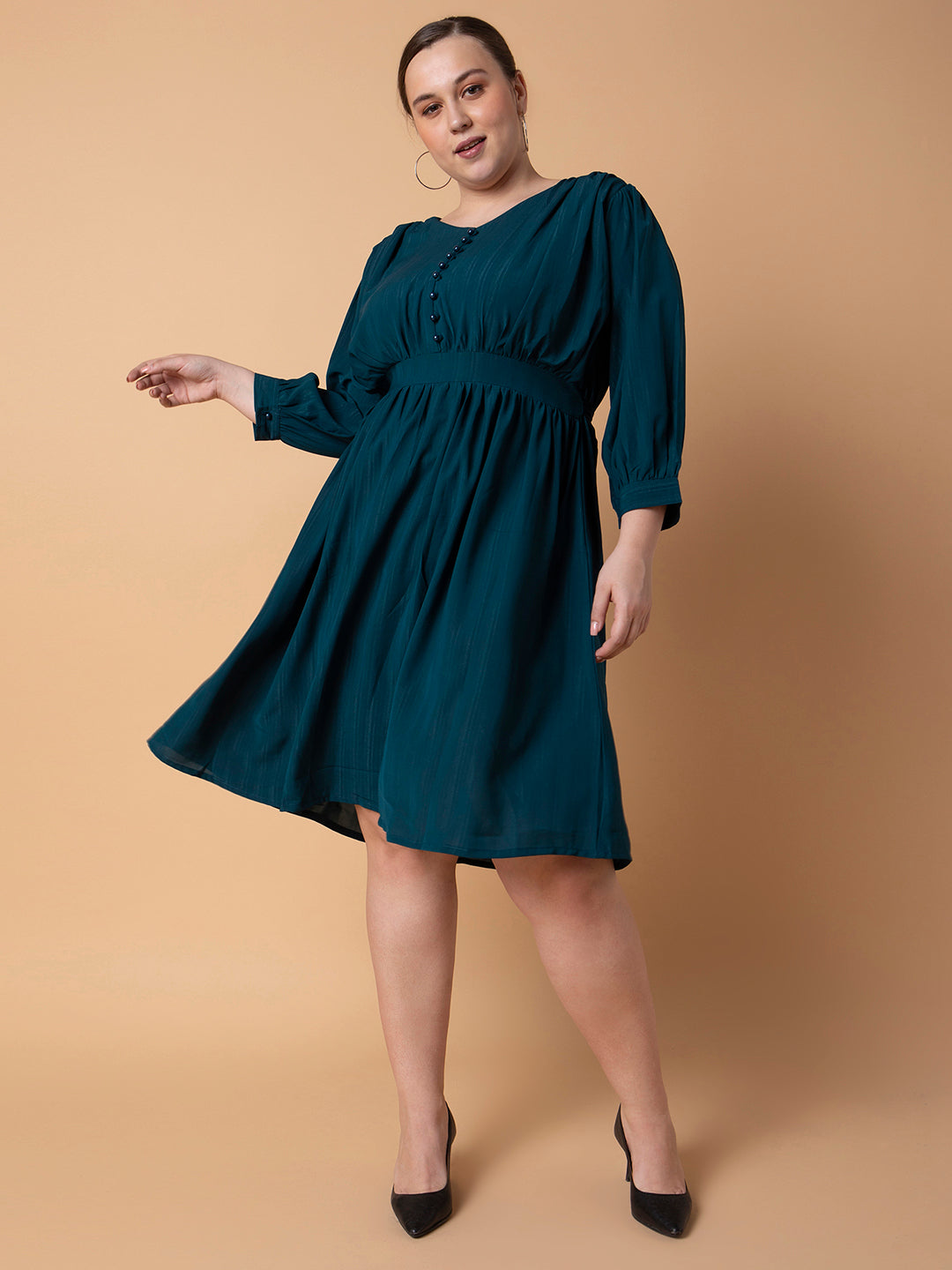 Women Solid Teal Fit and Flare Midi Dress