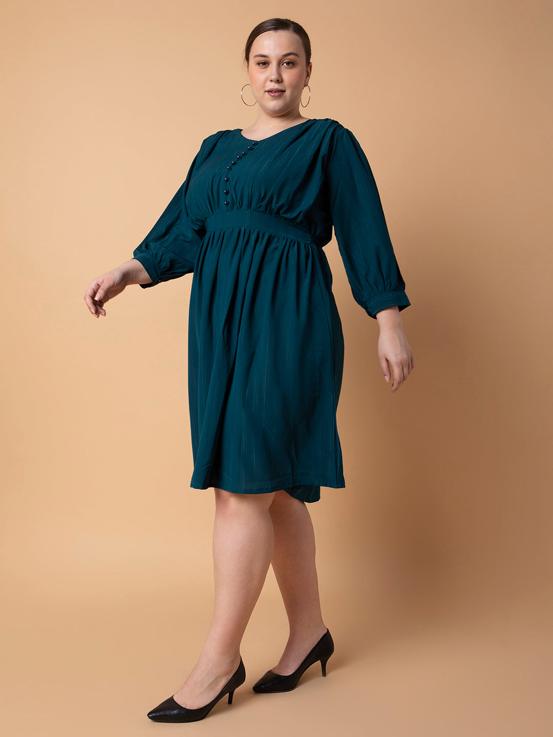 Women Solid Teal Fit and Flare Midi Dress