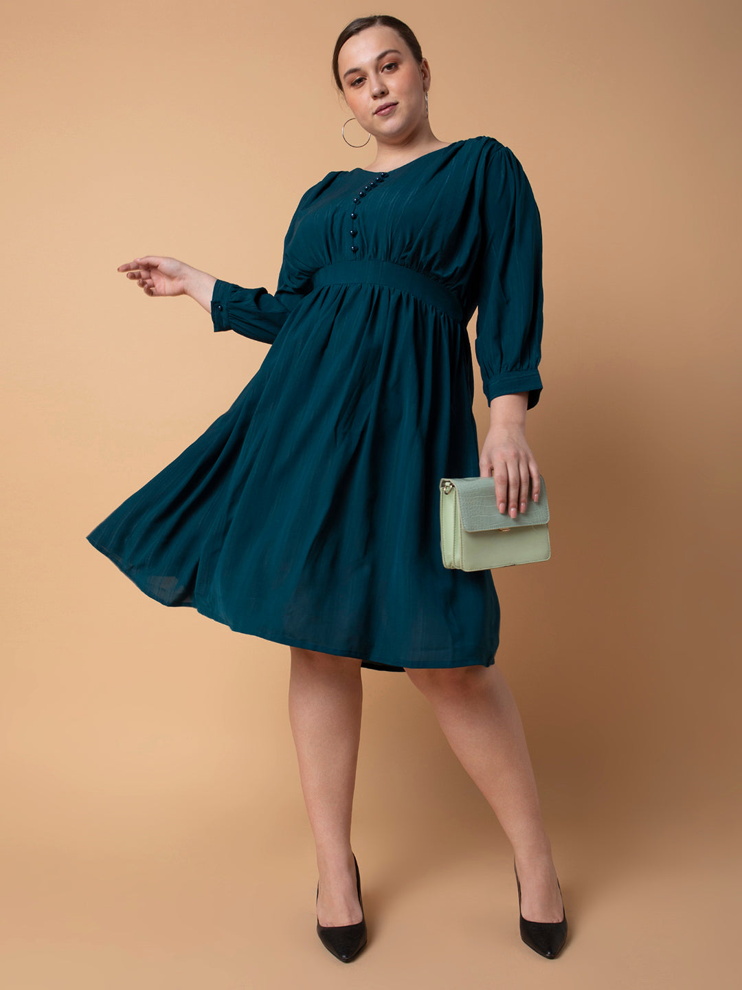 Women Solid Teal Fit and Flare Midi Dress