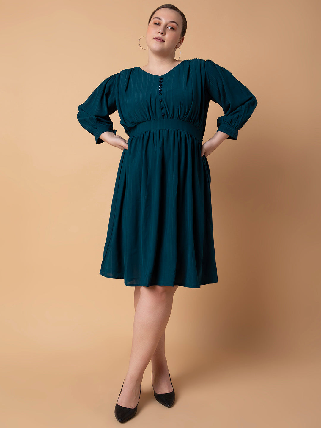 Women Solid Teal Fit and Flare Midi Dress