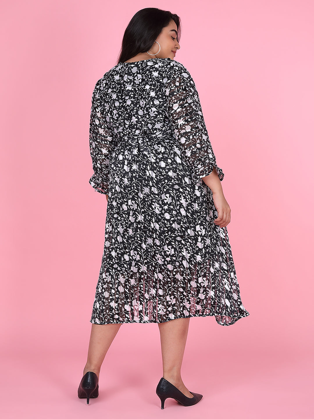 Women Floral Black Fit and Flare Midi Dress