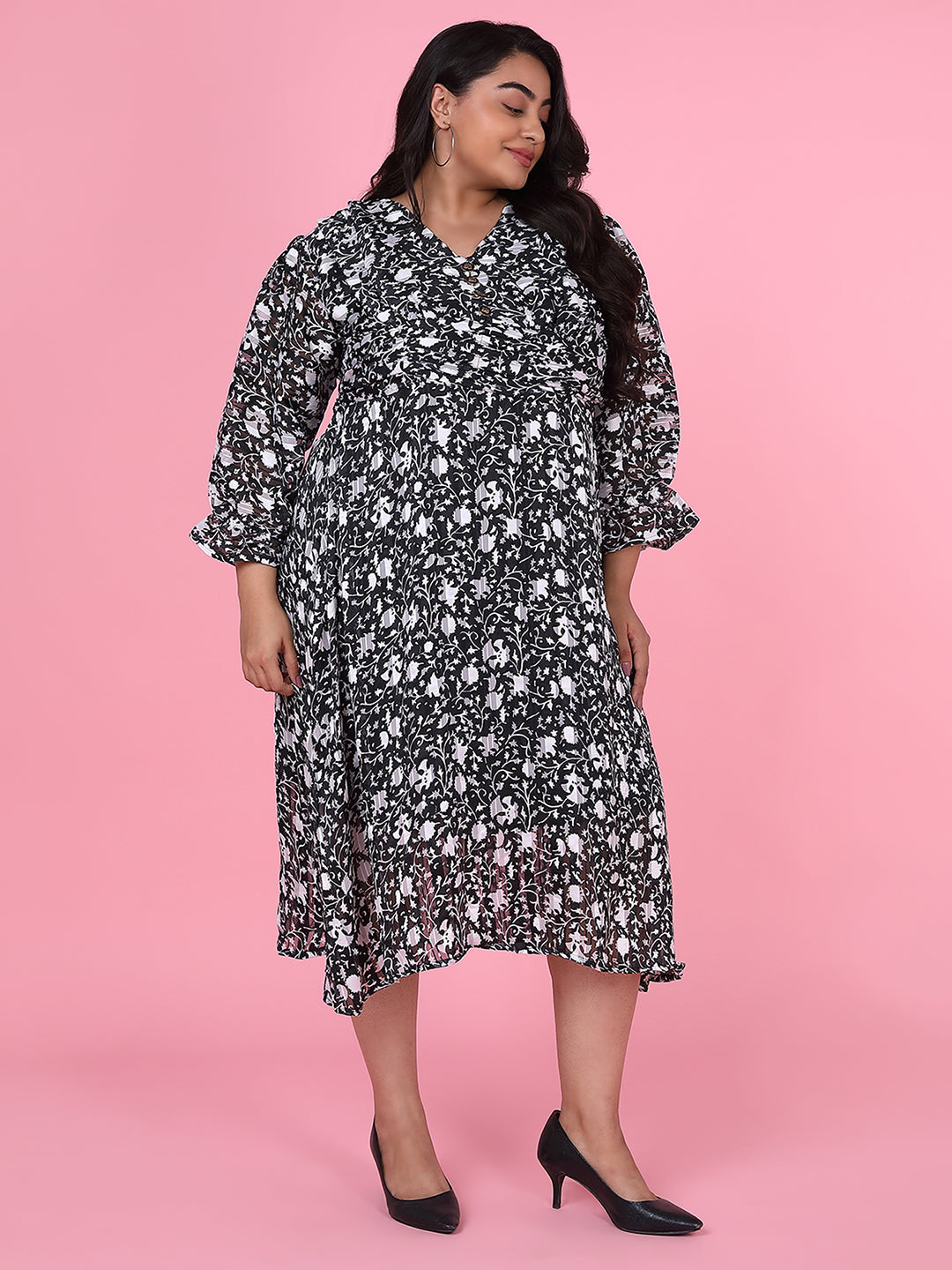 Women Floral Black Fit and Flare Midi Dress