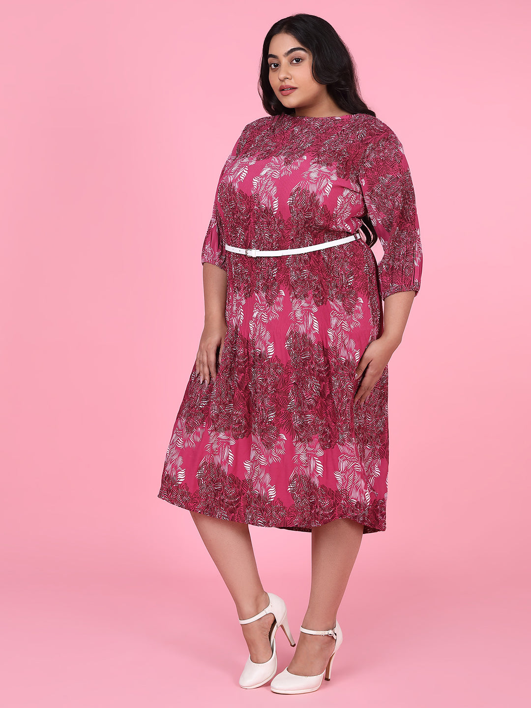 Women Abstract Pink A Line Dress with Belt