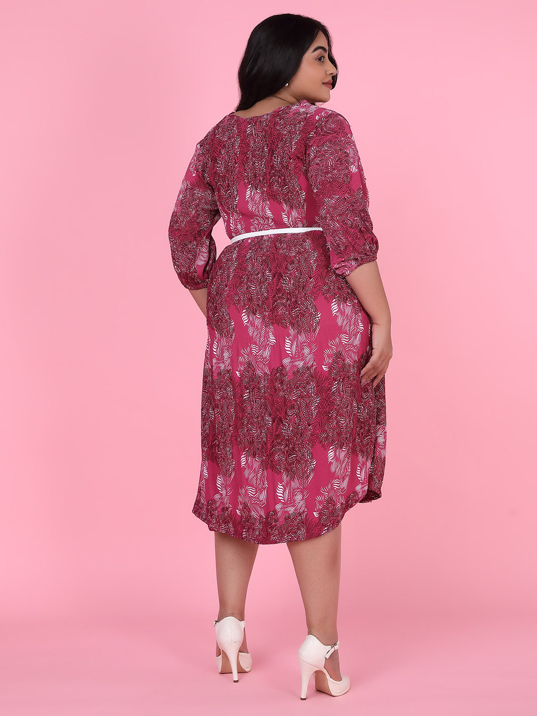 Women Abstract Pink A Line Dress with Belt