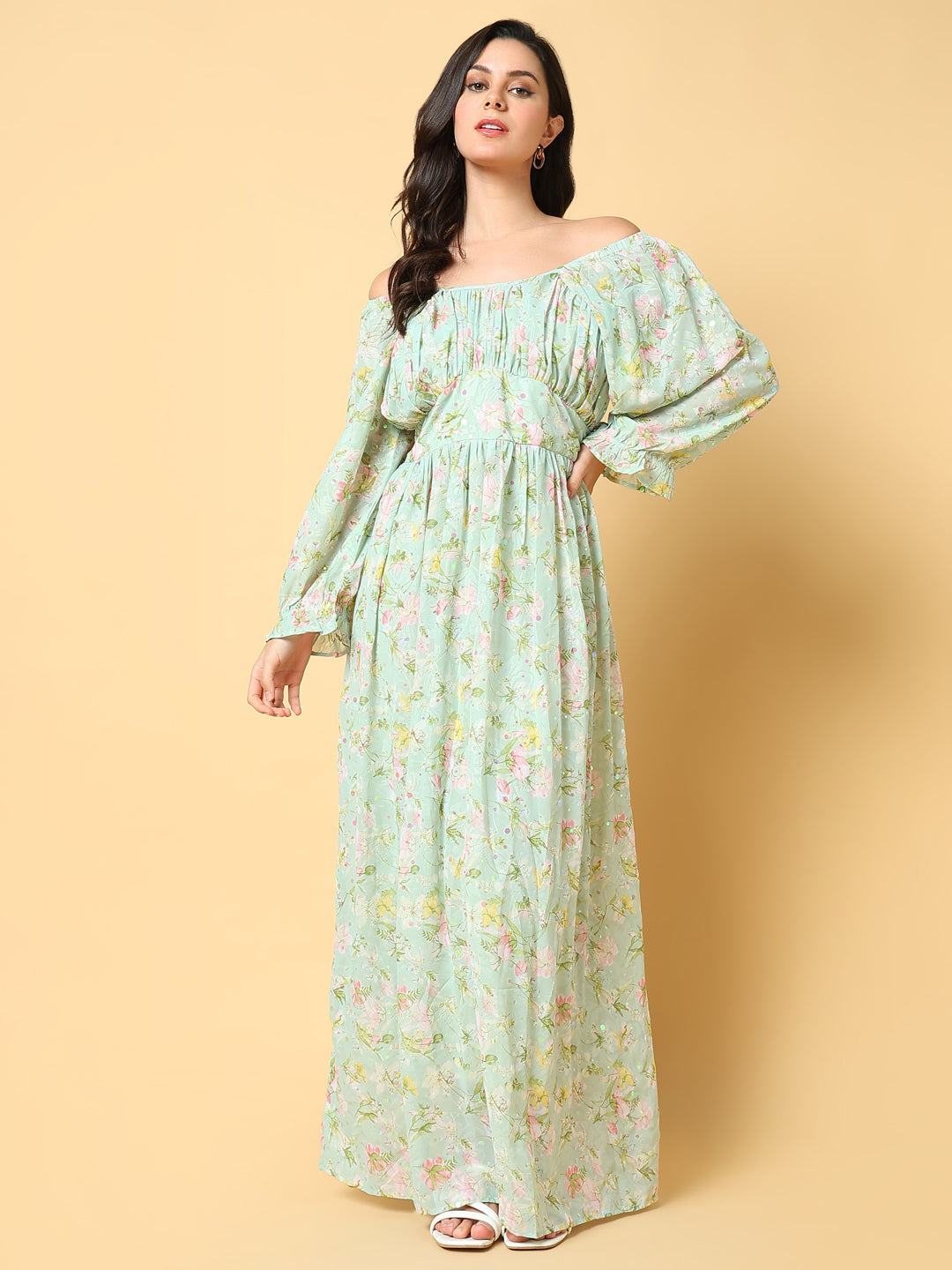 Women Printed Green Fit and Flare Dress