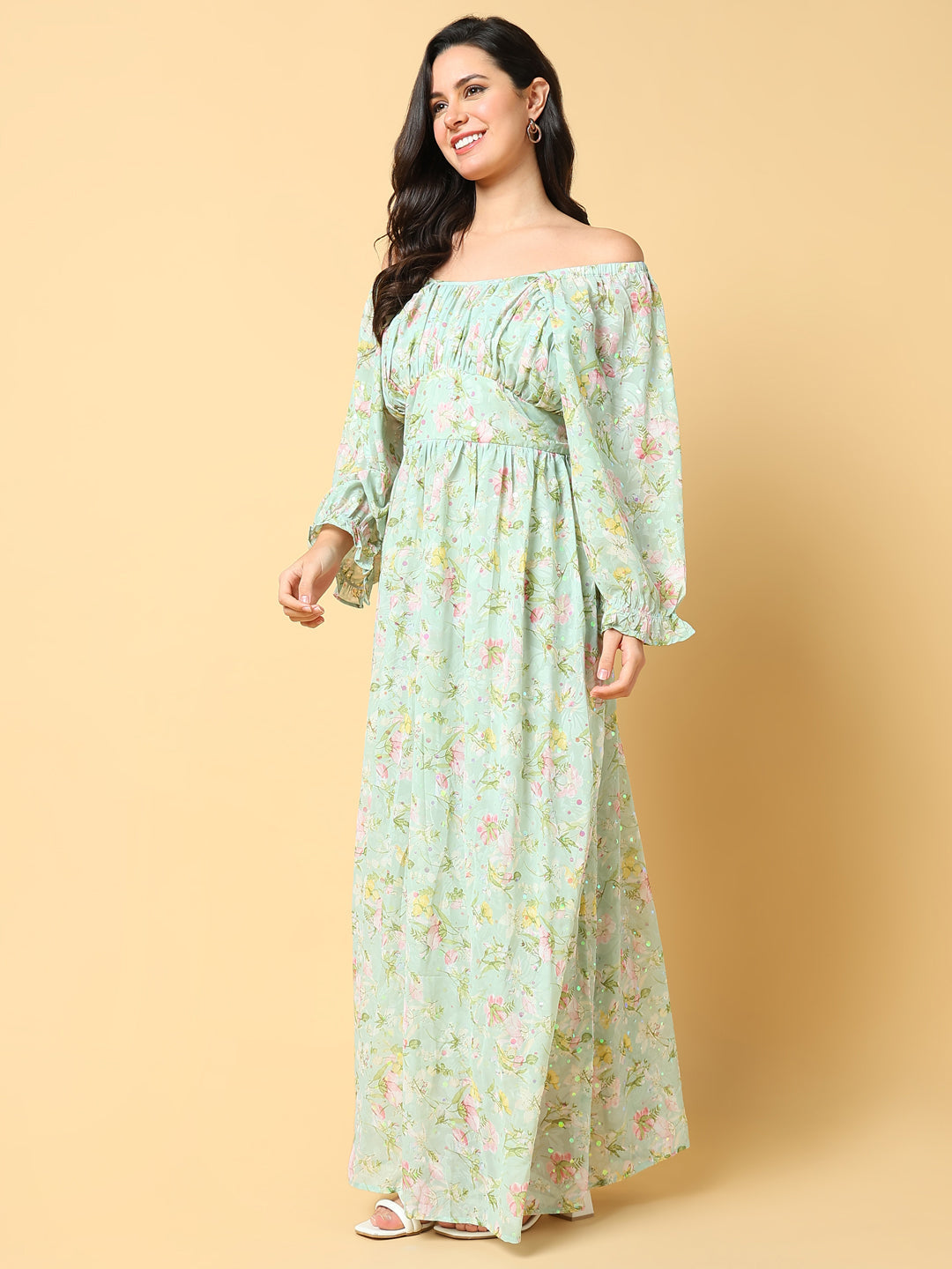 Women Printed Green Fit and Flare Dress