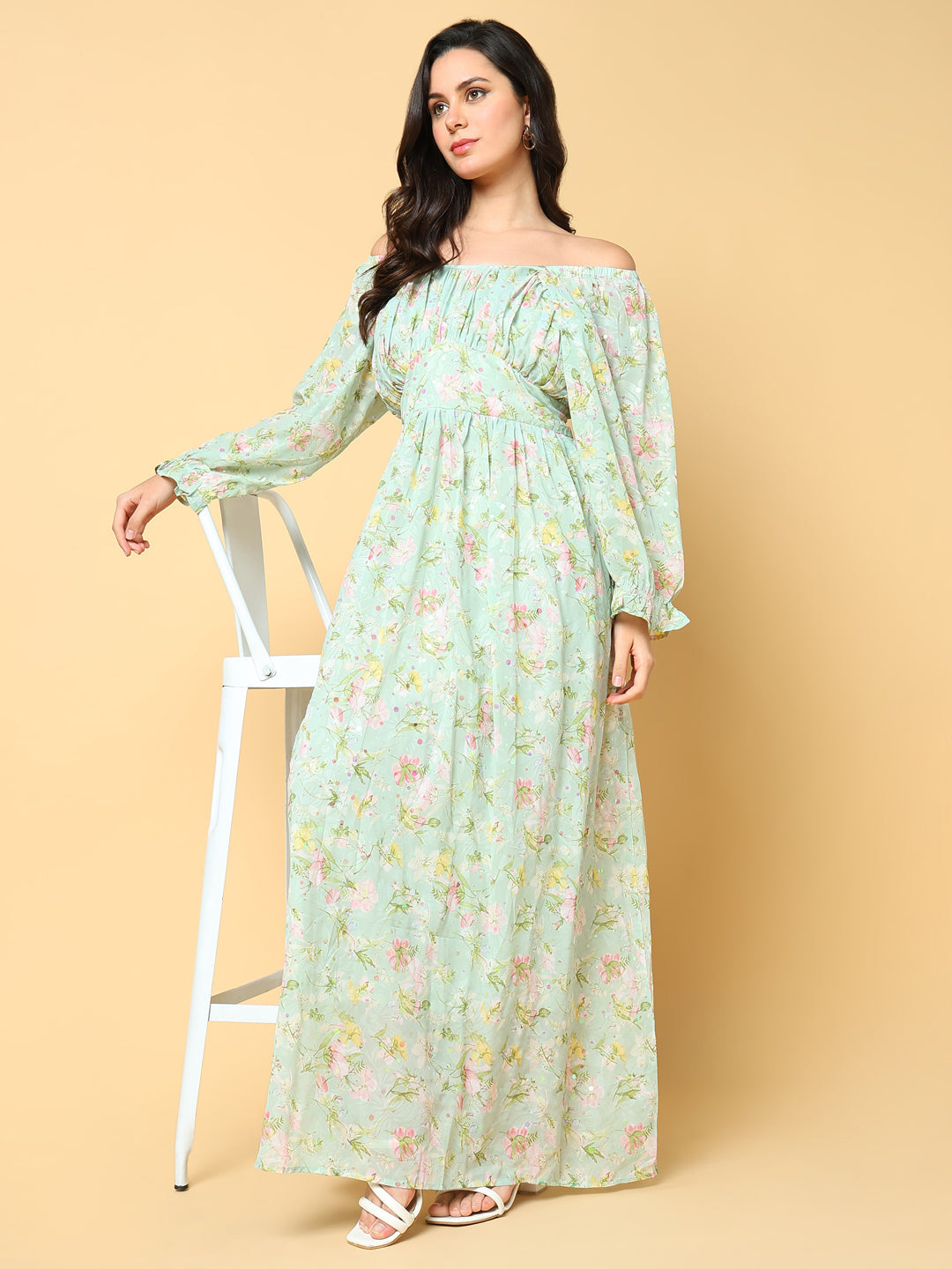 Women Printed Green Fit and Flare Dress