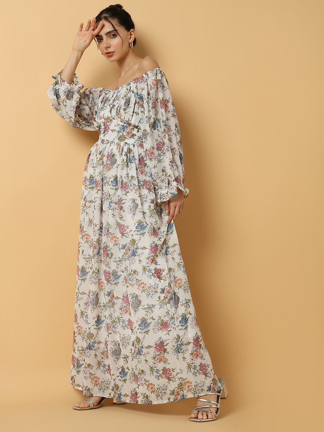 Women Floral White Maxi Fit and Flare Dress