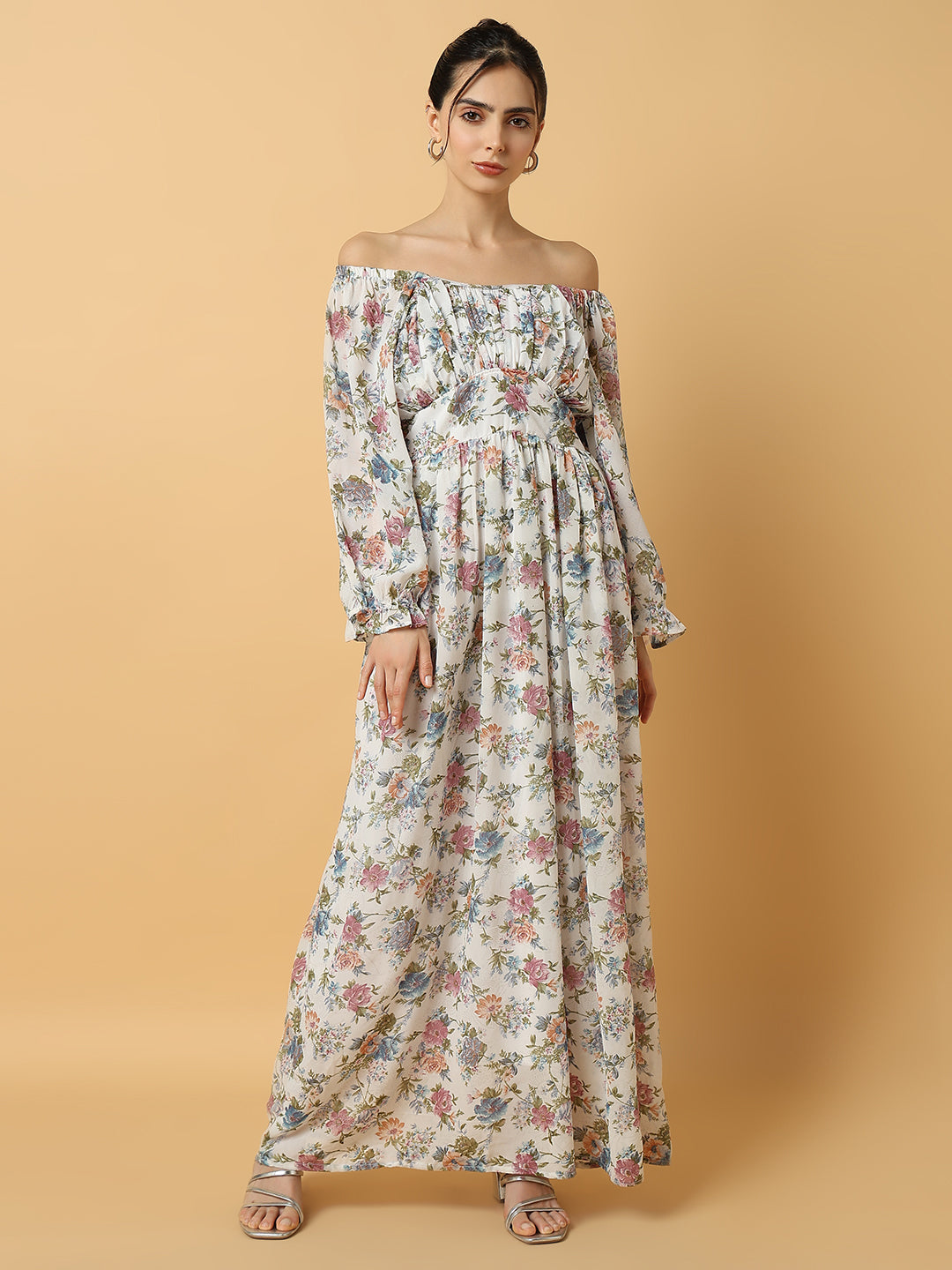 Women Floral White Maxi Fit and Flare Dress