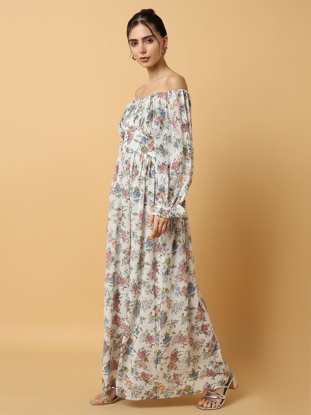 Women Floral White Maxi Fit and Flare Dress