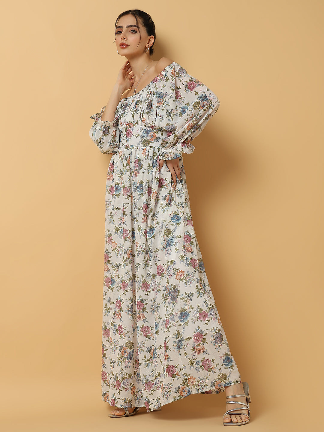 Women Floral White Maxi Fit and Flare Dress