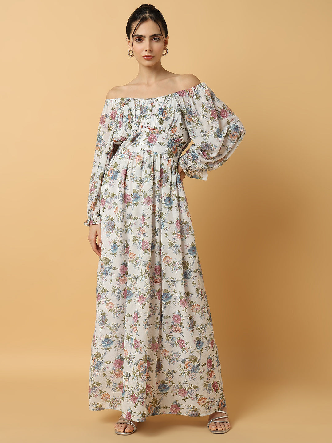 Women Floral White Maxi Fit and Flare Dress