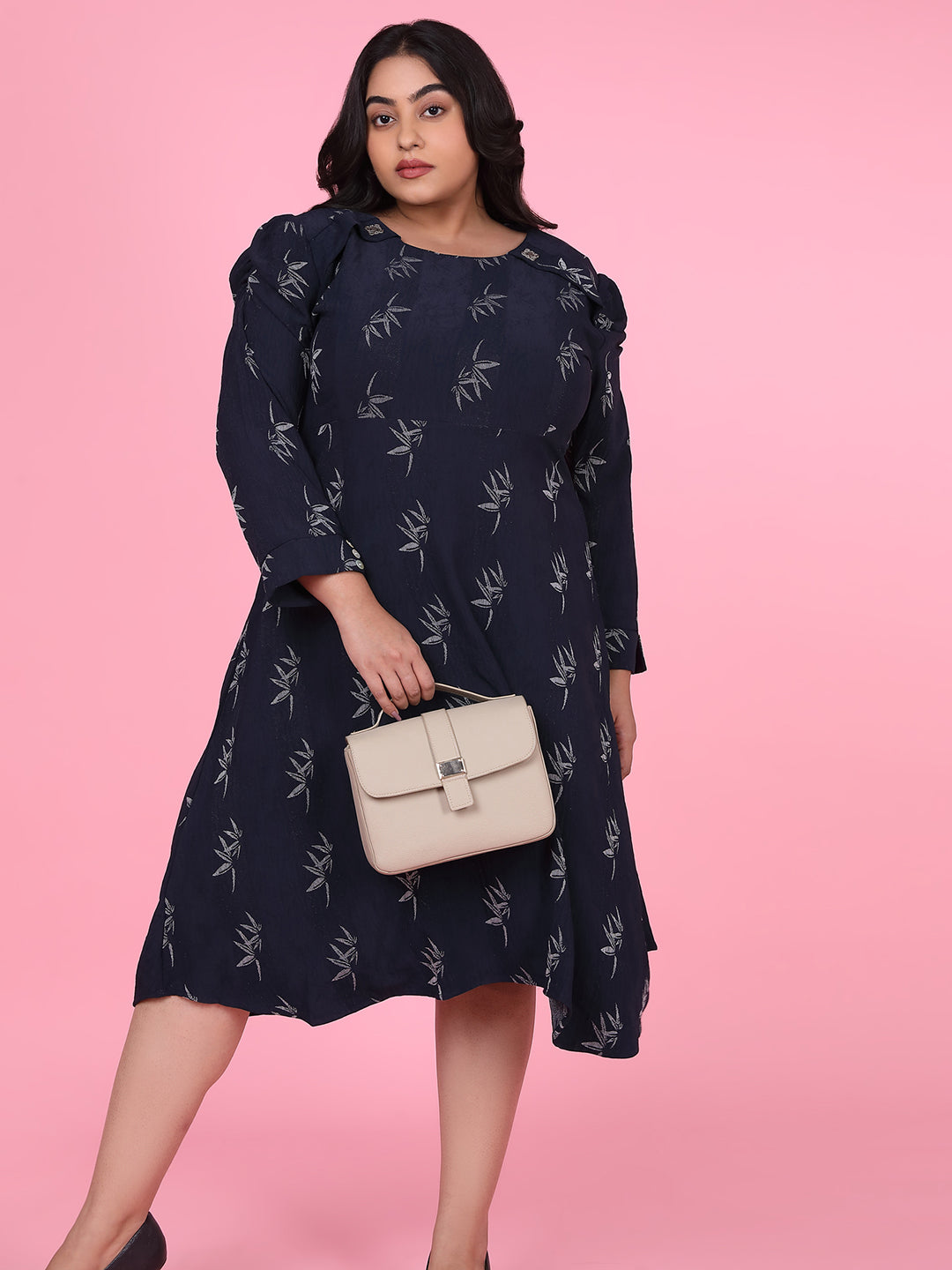 Women Floral Navy Blue Fit and Flare Dress