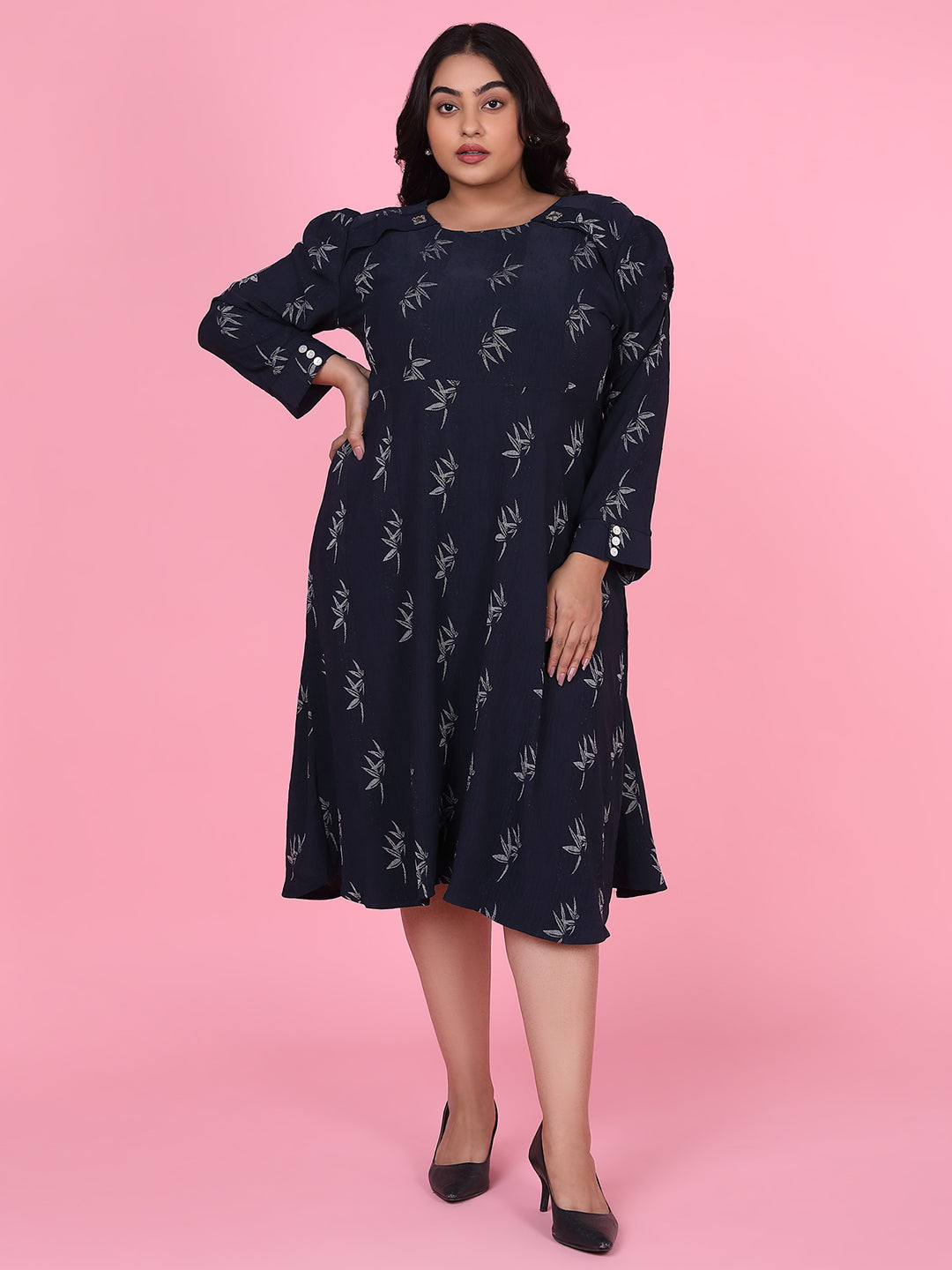 Women Floral Navy Blue Fit and Flare Dress