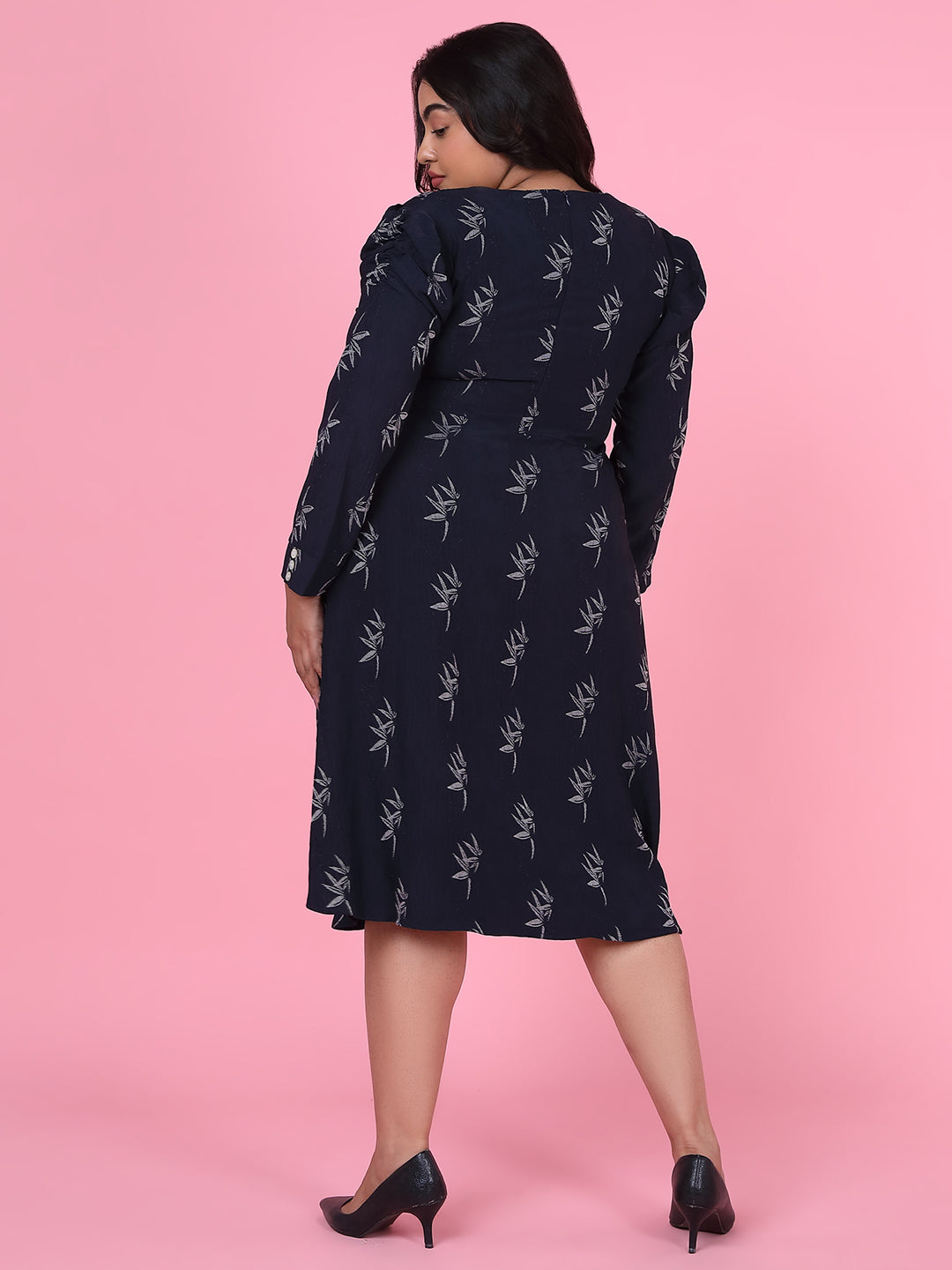 Women Floral Navy Blue Fit and Flare Dress