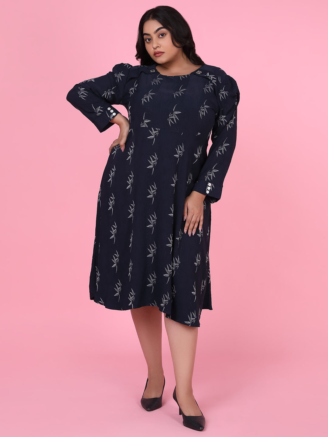 Women Floral Navy Blue Fit and Flare Dress