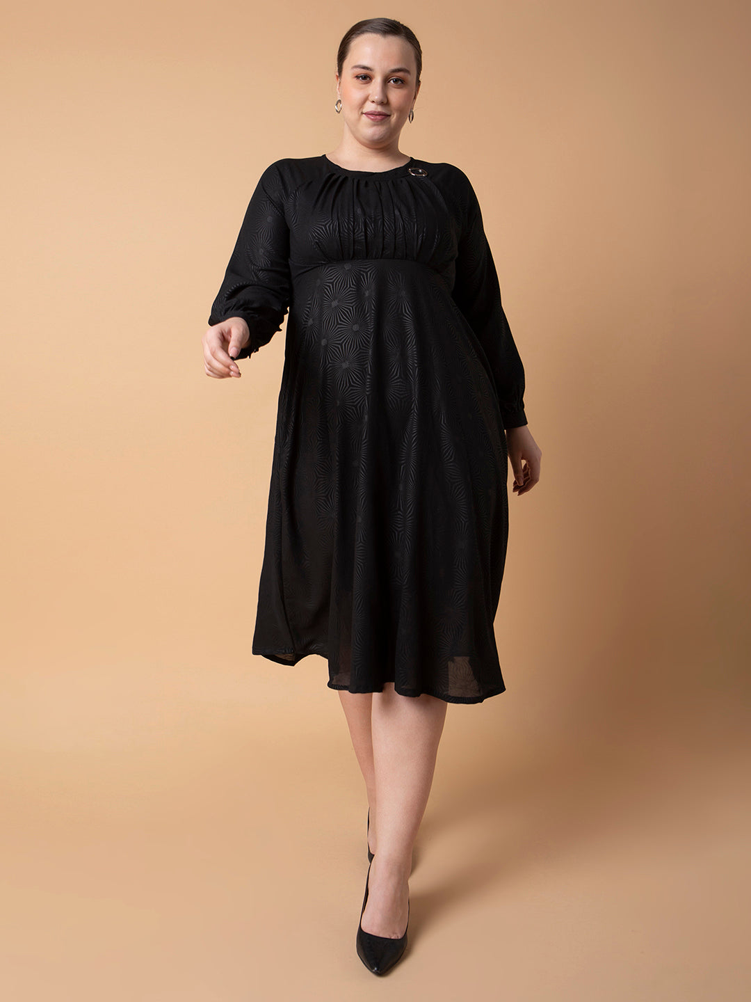 Women Solid Black Fit and Flare Midi Dress