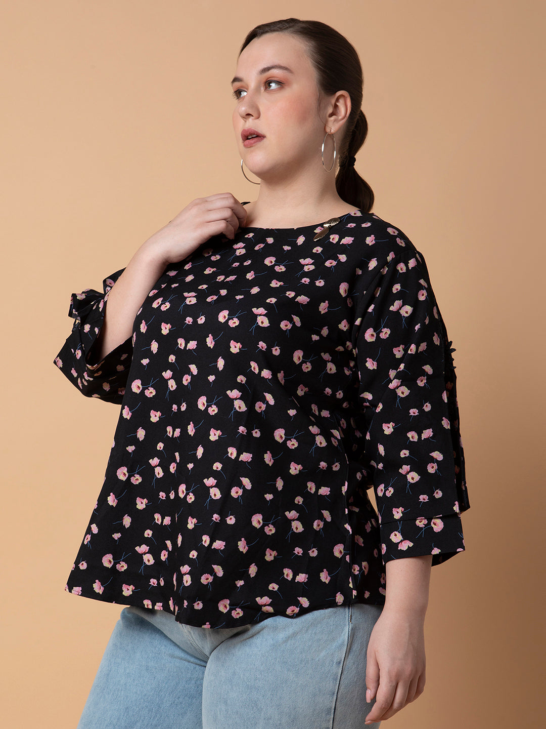 Women Floral Black Top