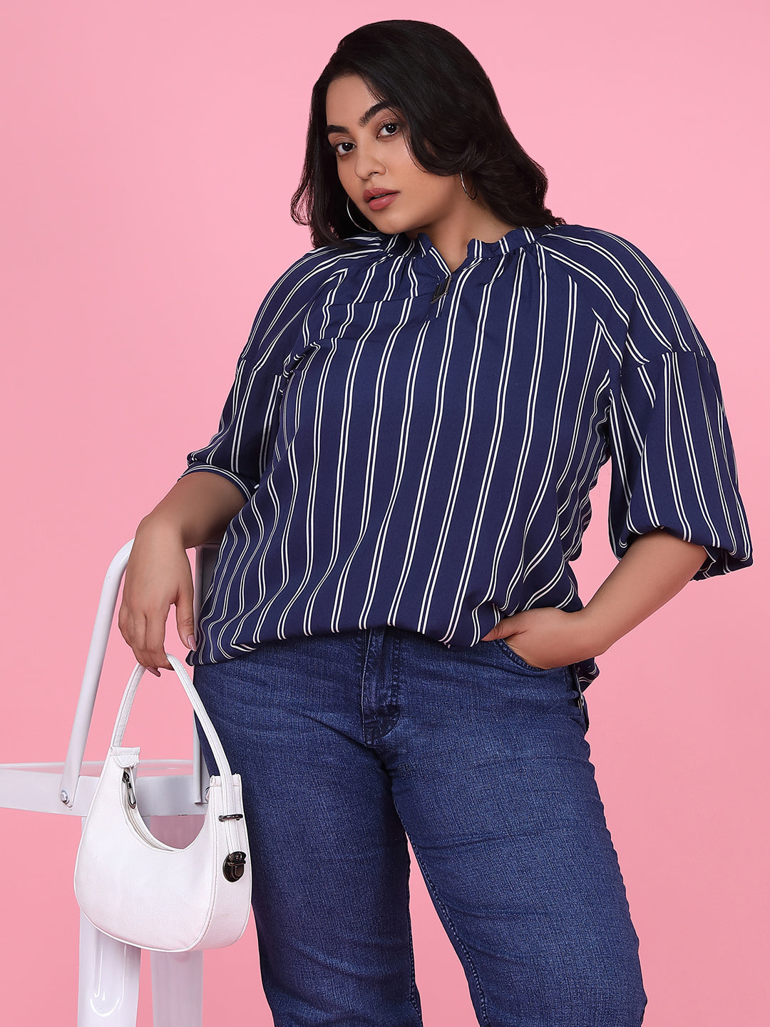 Women Striped Navy Blue Top