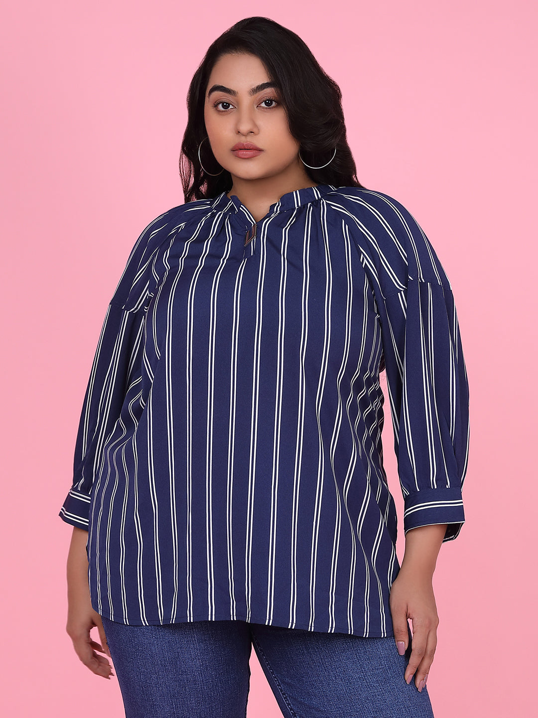 Women Striped Navy Blue Top