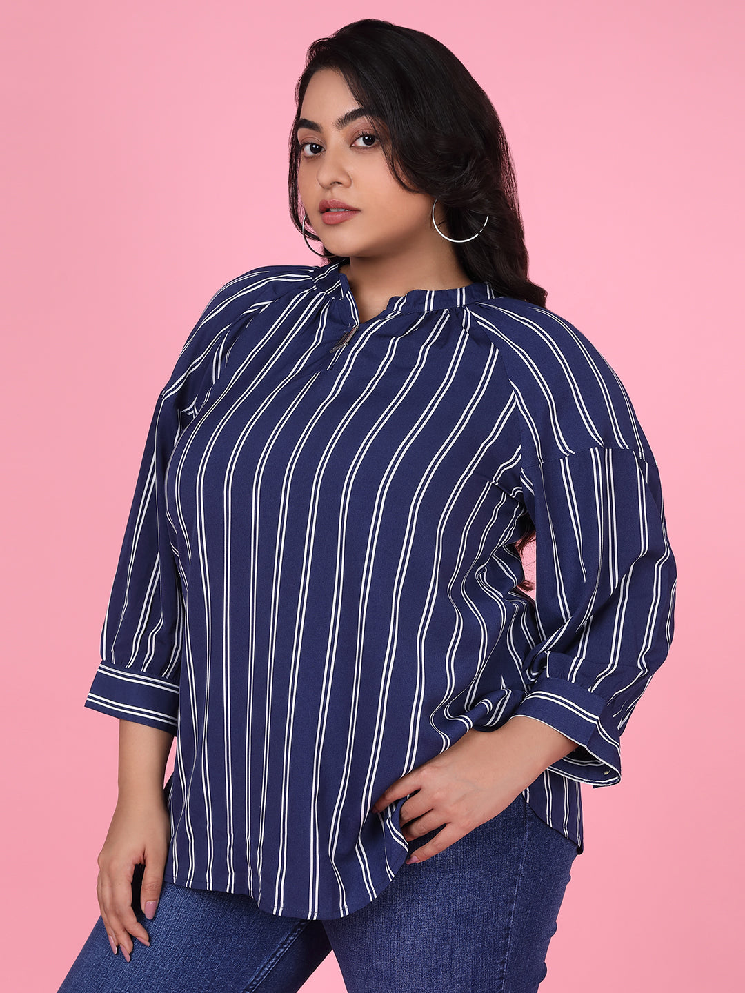 Women Striped Navy Blue Top