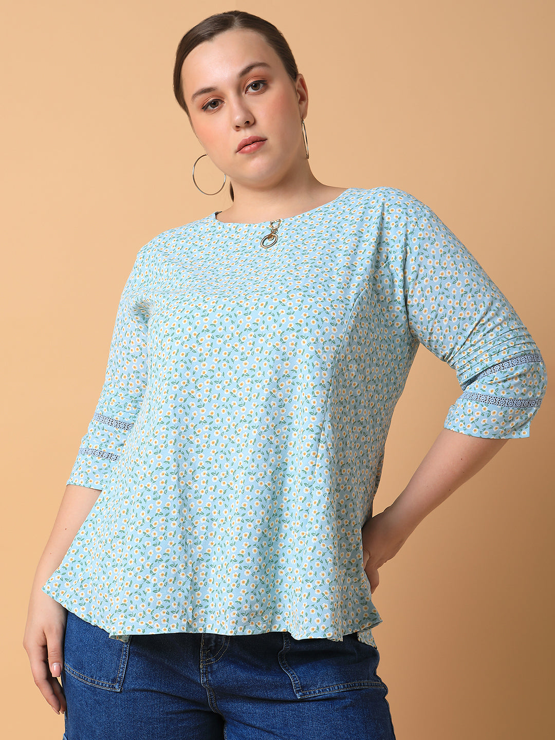 Women Floral Sea Green Top