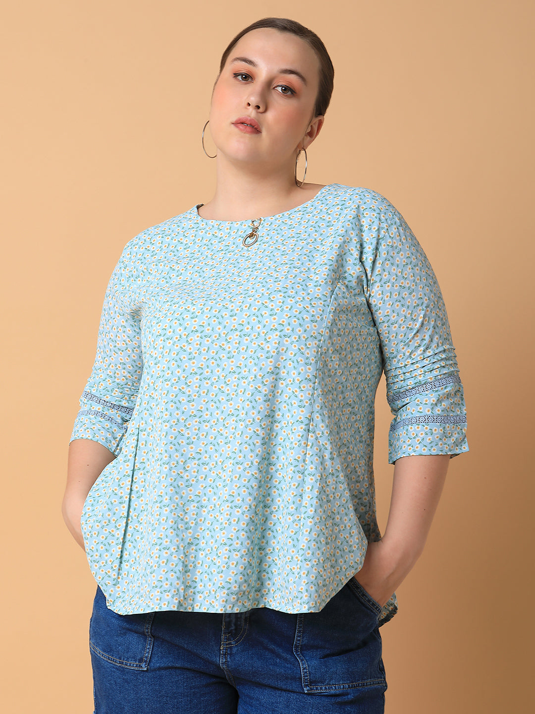 Women Floral Sea Green Top