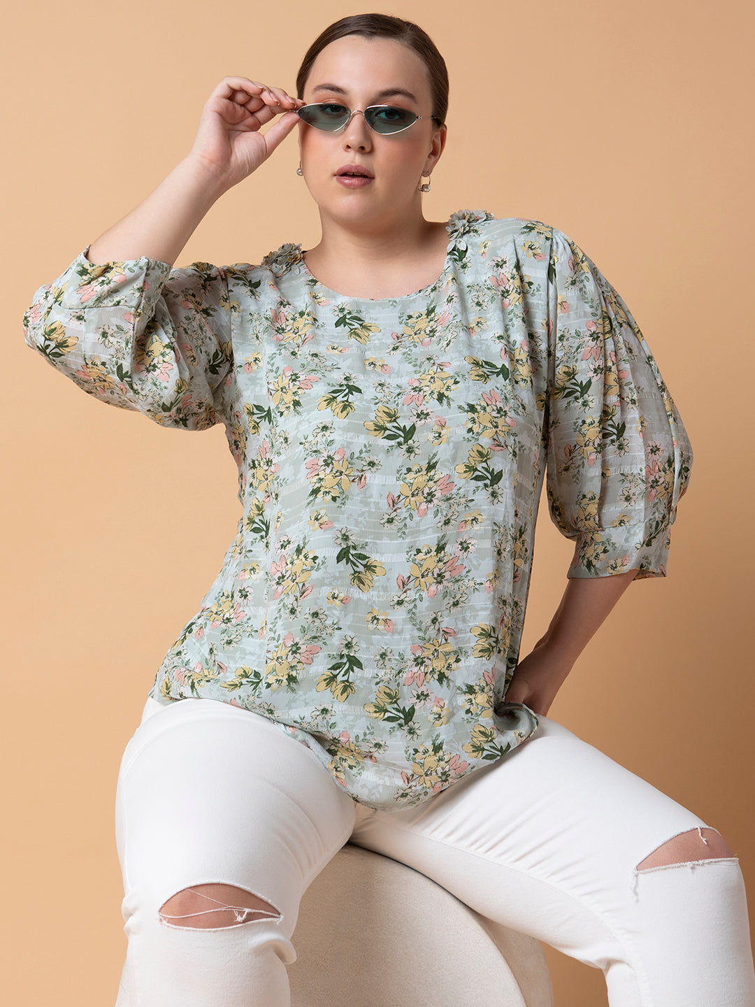 Women Floral Sea Green Top