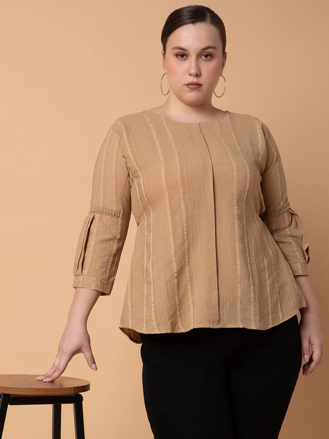 Women Striped Camel Brown Top