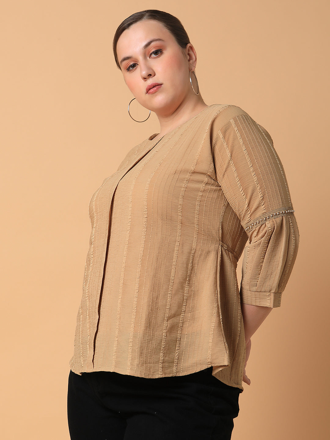 Women Striped Camel Brown Top