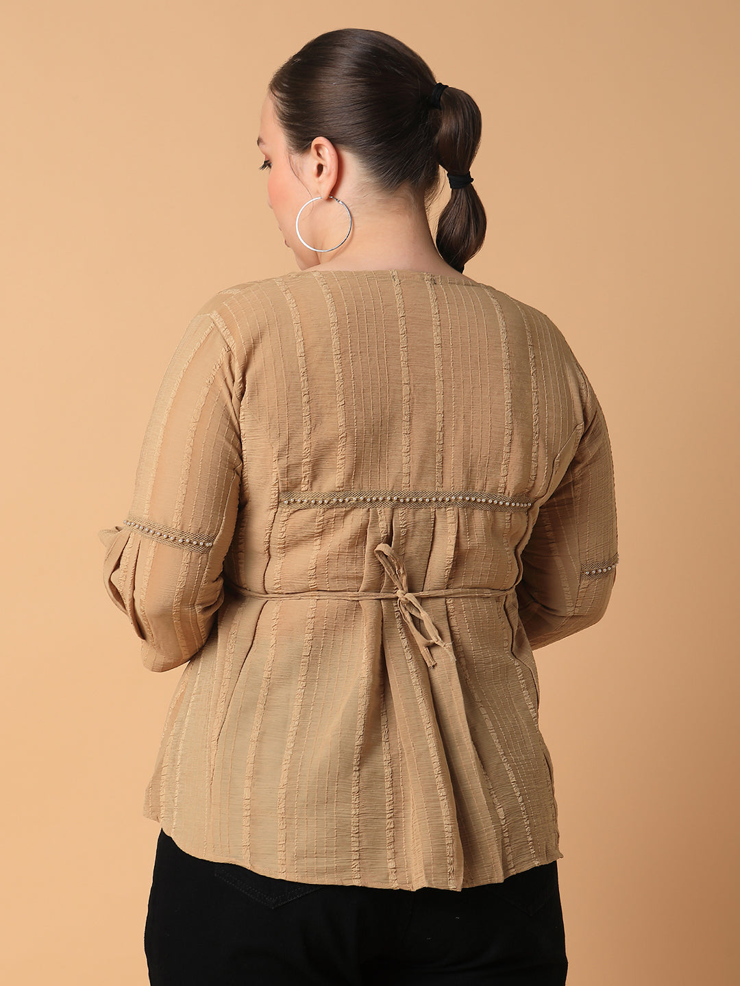 Women Striped Camel Brown Top